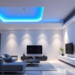 A modern living room with serene blue LED ceiling lights creating a sophisticated ambiance.