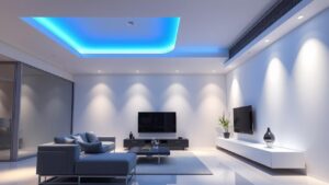 A modern living room with serene blue LED ceiling lights creating a sophisticated ambiance.