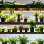 A modern grow light stand with various healthy indoor plants under a warm, artificial glow.
