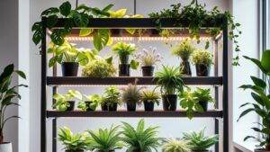 A modern grow light stand with various healthy indoor plants under a warm, artificial glow.