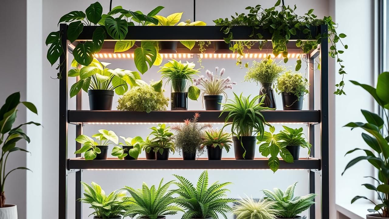 A modern grow light stand with various healthy indoor plants under a warm, artificial glow.