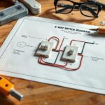 Realistic 3-way switch wiring diagram on workbench with tools, safety glasses, and voltage tester
