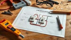 Realistic 3-way switch wiring diagram on workbench with tools, safety glasses, and voltage tester