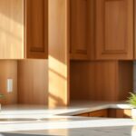 A close-up of beautiful stained maple kitchen cabinets with a warm, natural finish.