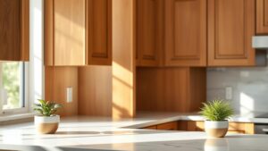 A close-up of beautiful stained maple kitchen cabinets with a warm, natural finish.