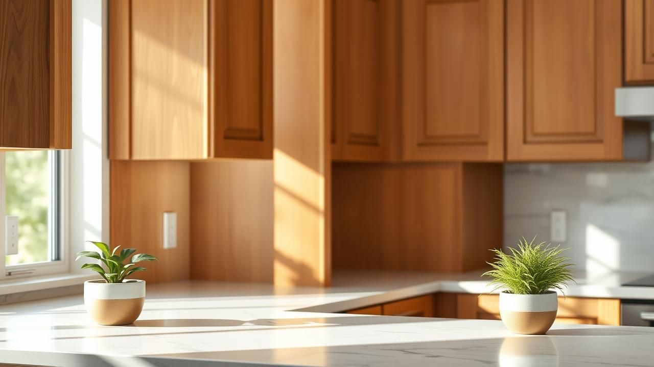 A close-up of beautiful stained maple kitchen cabinets with a warm, natural finish.