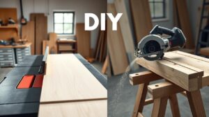 A table saw vs. a circular saw cutting wood in a DIY workshop.
