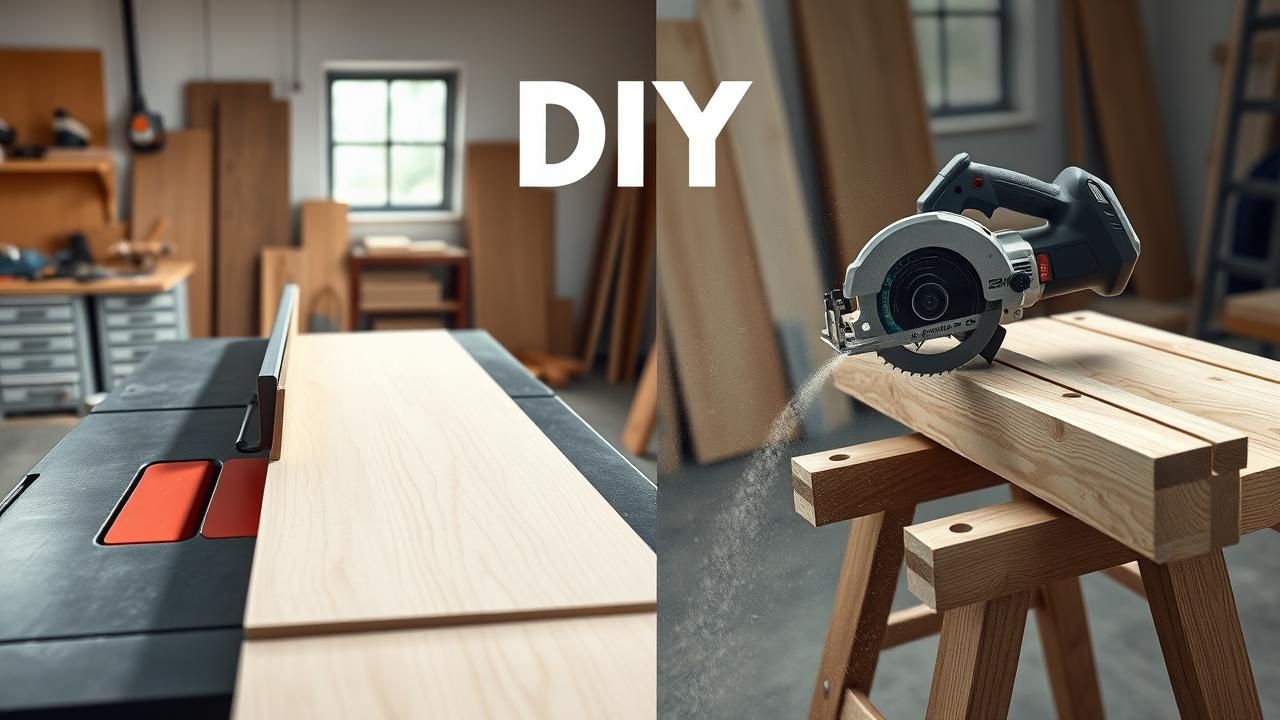 A table saw vs. a circular saw cutting wood in a DIY workshop.