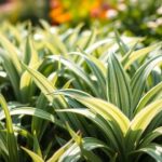 A close-up of Silvery Sunproof Lilyturf with its striped leaves in a sunny garden.