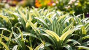 A close-up of Silvery Sunproof Lilyturf with its striped leaves in a sunny garden.