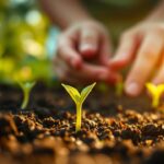 A tiny green sprout breaking through rich, dark soil, symbolizing new life and gardening.