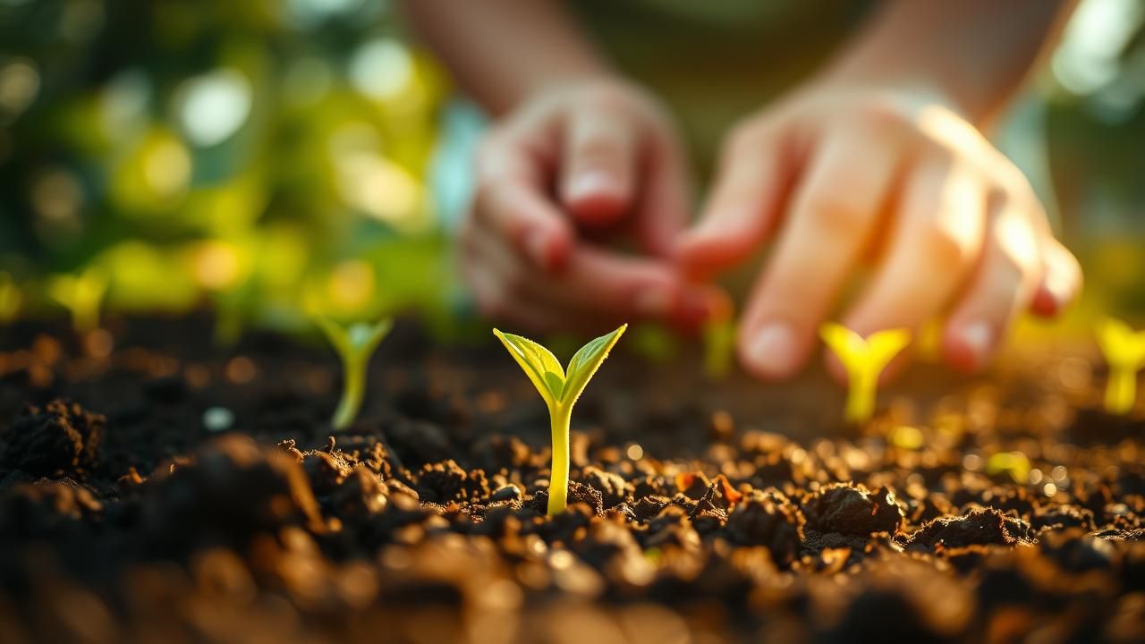 A tiny green sprout breaking through rich, dark soil, symbolizing new life and gardening.