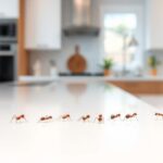 A close-up of tiny red ants marching across a clean kitchen counter.