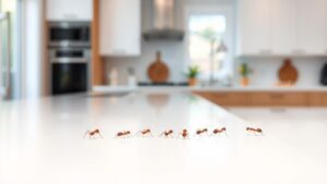 A close-up of tiny red ants marching across a clean kitchen counter.