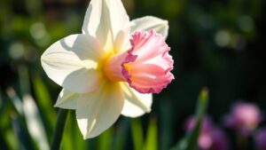 Close-up of a Pink Charm Daffodil with white petals and a pink-rimmed cup in a dewy garden.
