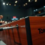 A close-up action shot of a professional Tornado foosball table during a match.