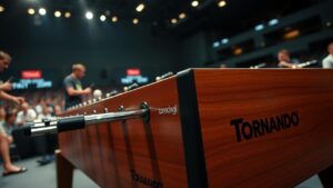 A close-up action shot of a professional Tornado foosball table during a match.