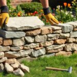 DIY enthusiast carefully constructing a natural stone wall in a vibrant garden.