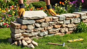 DIY enthusiast carefully constructing a natural stone wall in a vibrant garden.