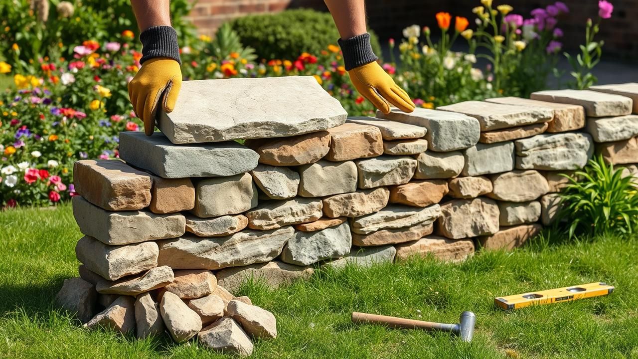 DIY enthusiast carefully constructing a natural stone wall in a vibrant garden.