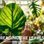 Hands carefully inspecting a lush, green Monstera leaf in a room filled with various plants.