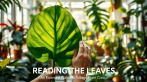 Hands carefully inspecting a lush, green Monstera leaf in a room filled with various plants.