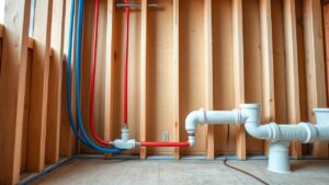 Plumbing rough-in with exposed pipes and wood studs in a new home construction.