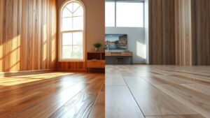 A side-by-side comparison of engineered wood and laminate flooring in a modern home setting.