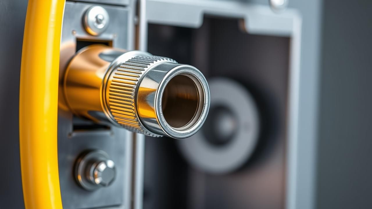 A heroic close-up of a metal Romex connector safely installed on an electrical box.