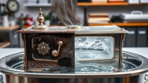 A silver music box, half-damaged by fire/water and half-clean, over an ultrasonic cleaner.