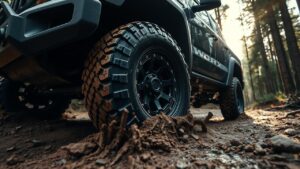 A rugged Worx wheel on an off-road truck, splashing through mud.