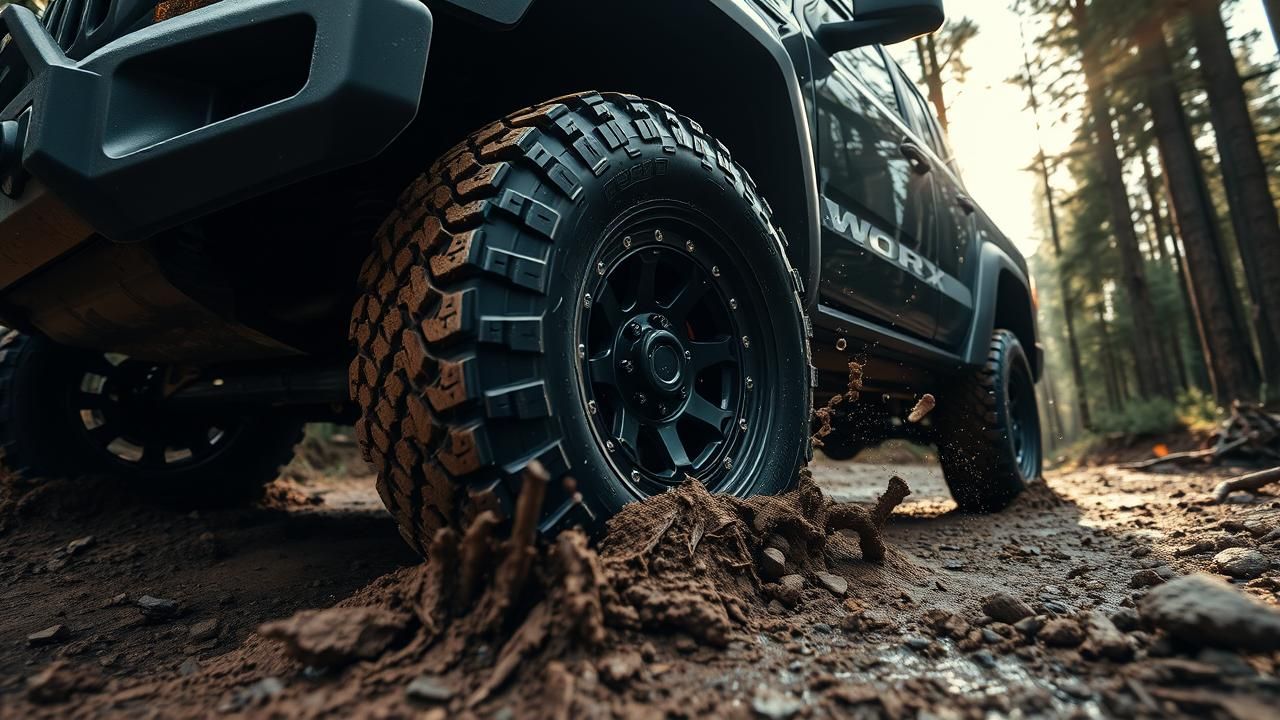 A rugged Worx wheel on an off-road truck, splashing through mud.