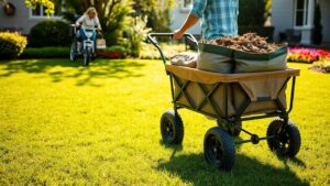 A person pulling a 4-wheel utility wagon filled with gardening supplies across a lush green lawn.