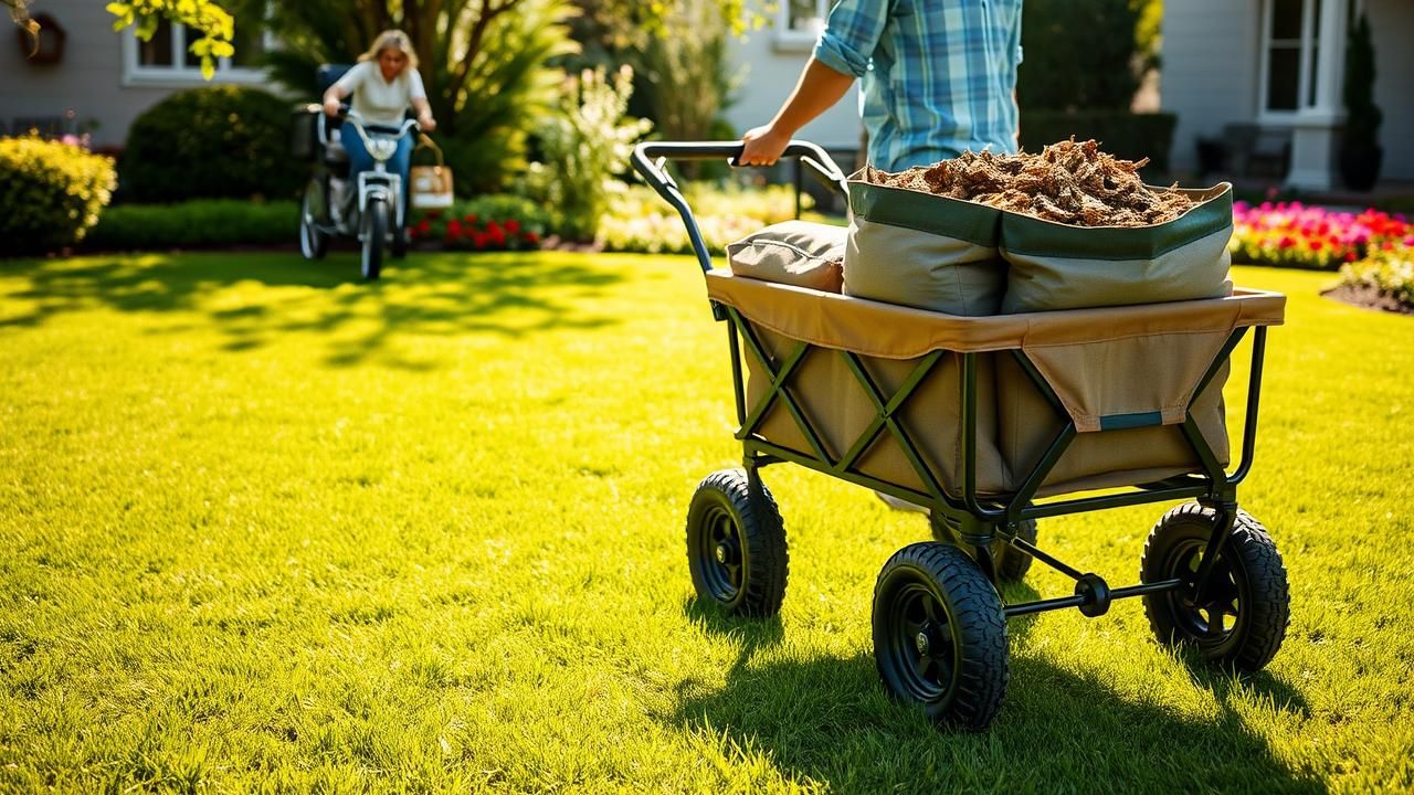 A person pulling a 4-wheel utility wagon filled with gardening supplies across a lush green lawn.