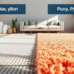 Side-by-side comparison of a nylon rug and a polyester rug in a stylish home setting.