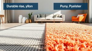 Side-by-side comparison of a nylon rug and a polyester rug in a stylish home setting.