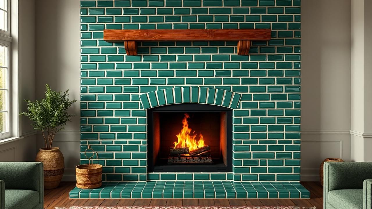 A stunning green tile fireplace, the timeless centerpiece of a warm and inviting living room.