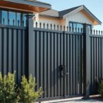 Modern dark gray metal privacy fence surrounding contemporary home, showcasing security and stylish design