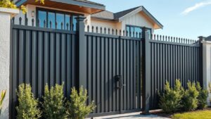 Modern dark gray metal privacy fence surrounding contemporary home, showcasing security and stylish design