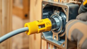 Close-up of Romex connectors securing electrical cables in a junction box, highlighting safety compliance