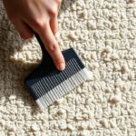 A hand using a rug comb to restore the plush fibers of a beautiful area rug.