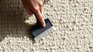 A hand using a rug comb to restore the plush fibers of a beautiful area rug.
