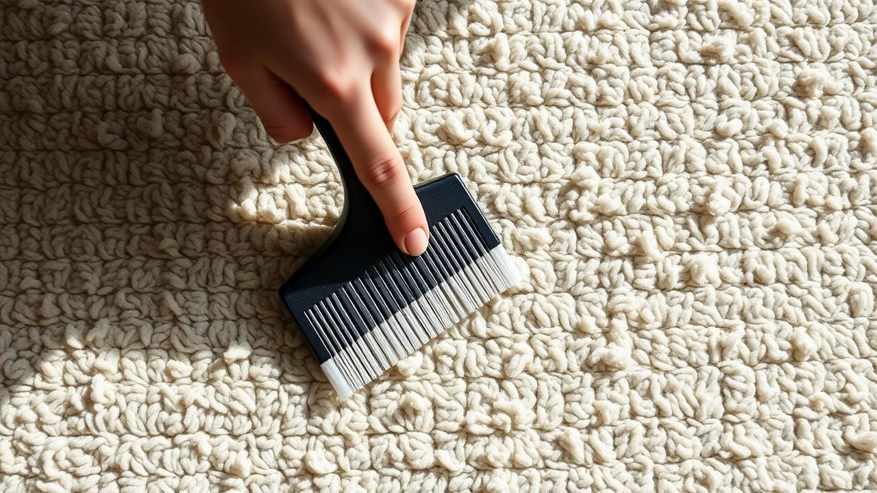 A hand using a rug comb to restore the plush fibers of a beautiful area rug.